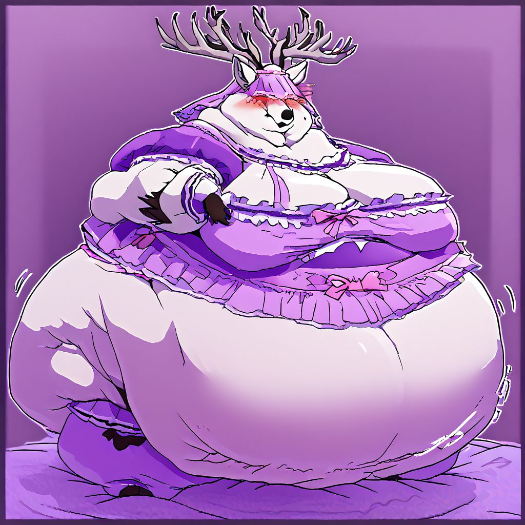 bbvicamelia, antlers, big antlers, veil, frilly veil, immobile, fat, chubby, plump, obese, large breasts, big butt, fat cheeks, wearing dr3ss, satin maid outfit, short poofy voluminous skirt, frills, apron, thighhighs, takeda hiromitsu style, diaper, big diaper, purple diaper, huge diaper, massive diaper, blue diaper, pink diaper, blush, waddle