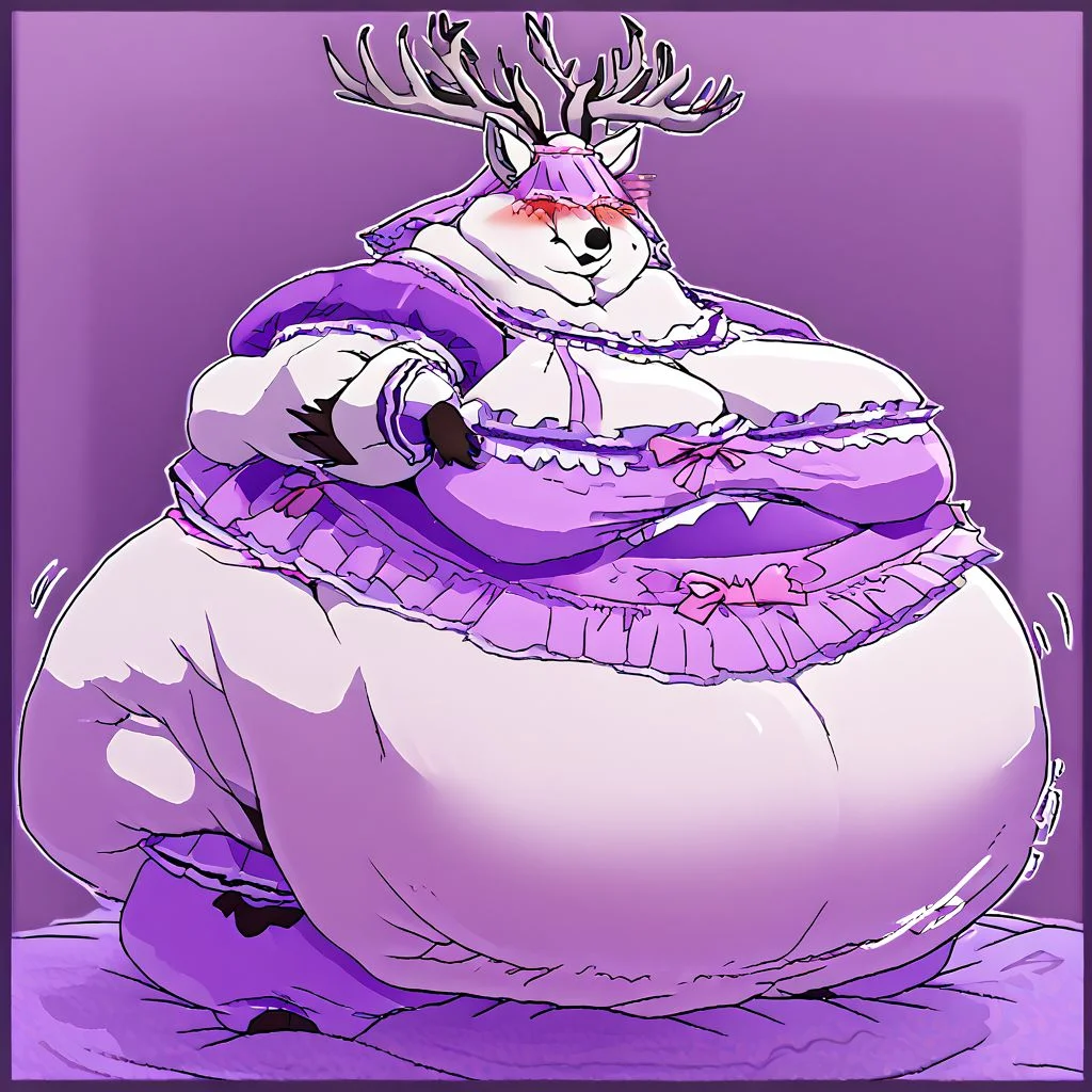 bbvicamelia, antlers, big antlers, veil, frilly veil, immobile, fat, chubby, plump, obese, large breasts, big butt, fat cheeks, wearing dr3ss, satin maid outfit, short poofy voluminous skirt, frills, apron, thighhighs, takeda hiromitsu style, diaper, big diaper, purple diaper, huge diaper, massive diaper, blue diaper, pink diaper, blush, waddle