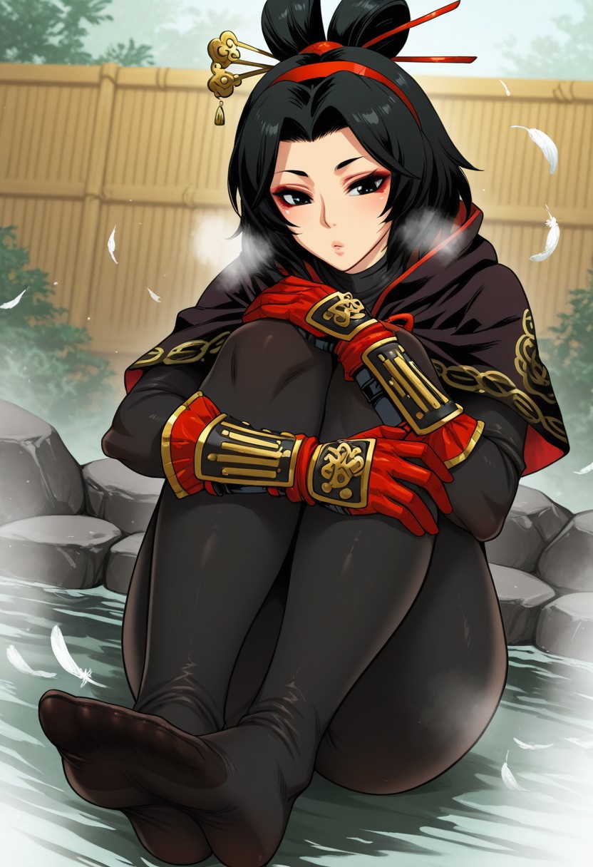 musashinosekai, outdoors, undershirt, falling feathers, black bodysuit, hair stick, hugging knees, knees to chest, gauntlets, eyeshadow, red gloves, two sides up, black capelet, red hairband, black eyes, 1girl, solo, feet, visible breath, dynamic angle, foreshortening, smell, steam, onsen, water
