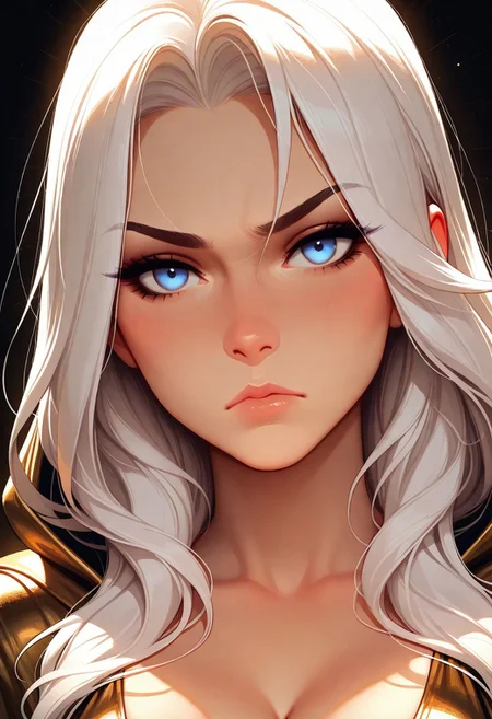 masterpiece, best quality, amazing quality, very aesthetic
Artist : Tsuaii, Artist : Incase, flat colors,
1girl, (Ashe, league of legends:1), portrait,
bright blue eyes, white hair, long hair,
black and gold dress, cleavage, hooded,
looking at viewer, serious look,
(neutral white background), dynamic lighting,