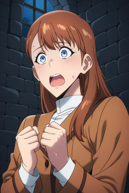 <lora:SoloLeveling:1>, SoloLeveling, 1girl, long hair, solo, brown hair, open mouth, blue eyes, scared, upper body, clenched hands, jacket, sweatdrop, school uniform, sweat, long sleeves, brown jacket, night, dungeon,