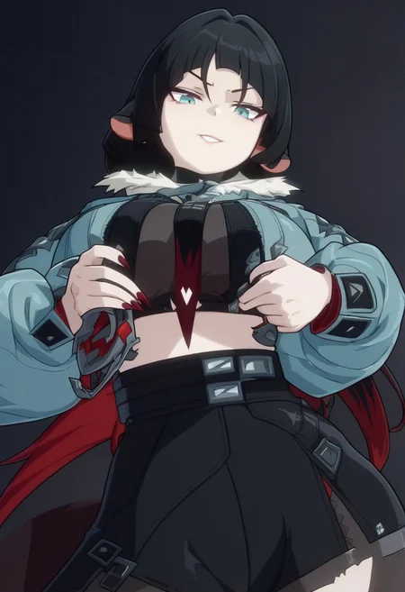 Jane Doe looking down on you, evil smirk, holding her nakes breasts,KJOjane, long hair, black hair, aqua eyes, blunt bangs, tail, mouse ears, animal ears, multicolored hair, red colored tips,