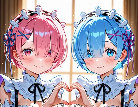 masterpiece, best quality, absurdres, highres, newest, general,
2girls, re:re:zero kara hajimeru isekai seikatsu,
rem \(re:zero\), medium breasts, smile, blush, maid, heart hands duo,
ram \(re:zero\), small breasts, smile, blsuh, maid, heart hands duo,
indoors, bedroom,
<lora:nyalia:0.15>, <lora:dj_sloppa_ill_v2:0.3>,