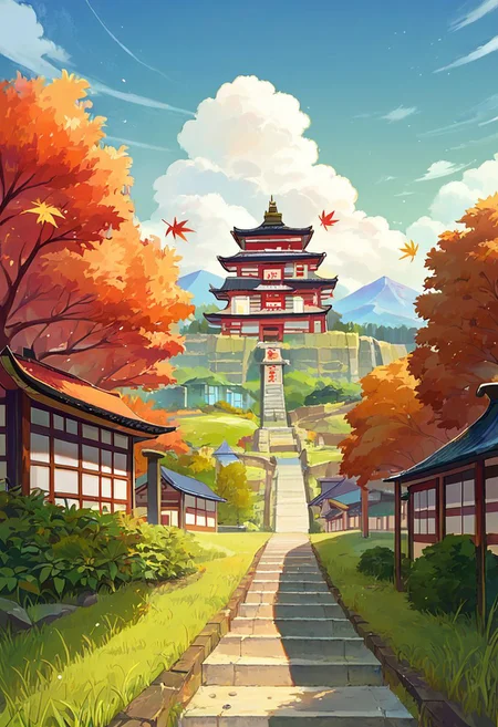 score_9, score_8_up, score_7_up, BREAK
scenery, landscape, tile wall, fog, grass, window, building, stucco, path, outdoors, tree, east asian architecture, no humans, dirt, autumn leaves, architecture, blue sky, bush, castle, plant, pagoda, sky, wall, stairs, town, nature, cloudy sky, mountain, light, green theme, cloud, stone wall, entrance