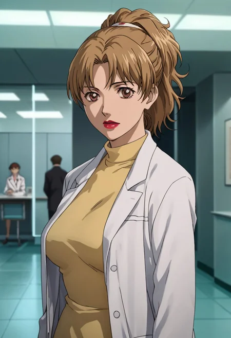 source_anime, D4RK3RTH4NBL4CK, DTB_Style,((score_9)),score_8_up,score_7_up,score_6_up,score_5_up,score_4_up, retro_artstyle, anime style, 1boy, ishizaki_kanami, (brown hair:1.2, blonde hair), ponytail sidelock, bangs, brown eyes, red lips, large breasts, labcoat, looking at viewer, facing viewer, masterpiece, best quality, highres, best illumination, depth of field, Artist style:komori_takahiro