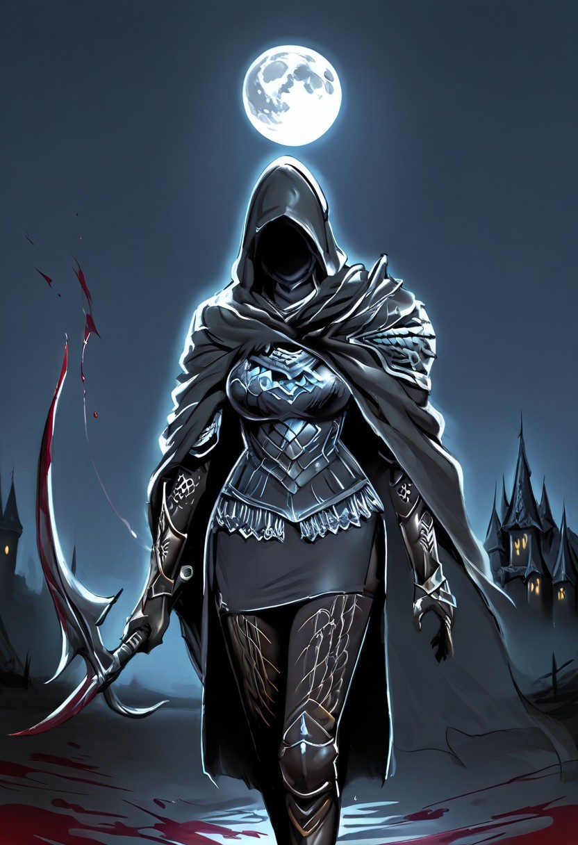 masterpiece, best quality,assassin, female, solo, faceless, cloak, armor, shoulder armor,miniskirt,pants,indoor, castle view, moon light,blood,holding weapon