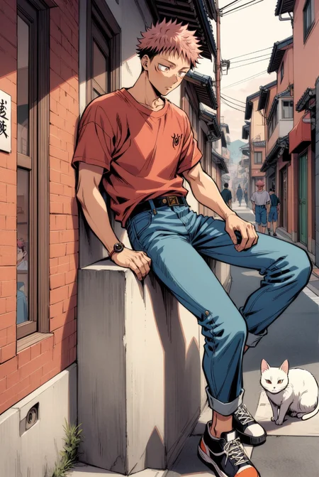 1boy, male focus, itadori yuuji, jujutsu kaisen , (90s anime style:1.5), front view, outdoors, street view, (looking down:1.3), perfecteyes, shirt, denim shorts, 1 white cat sitting next to them <lora:detailed_notrigger:1> <lora:ParchartXL_CODA:0.2> <lora:Isometric Cutaway:1> <lora:PerfectEyesXL:1> <lora:Surreal Harmony:0.2>