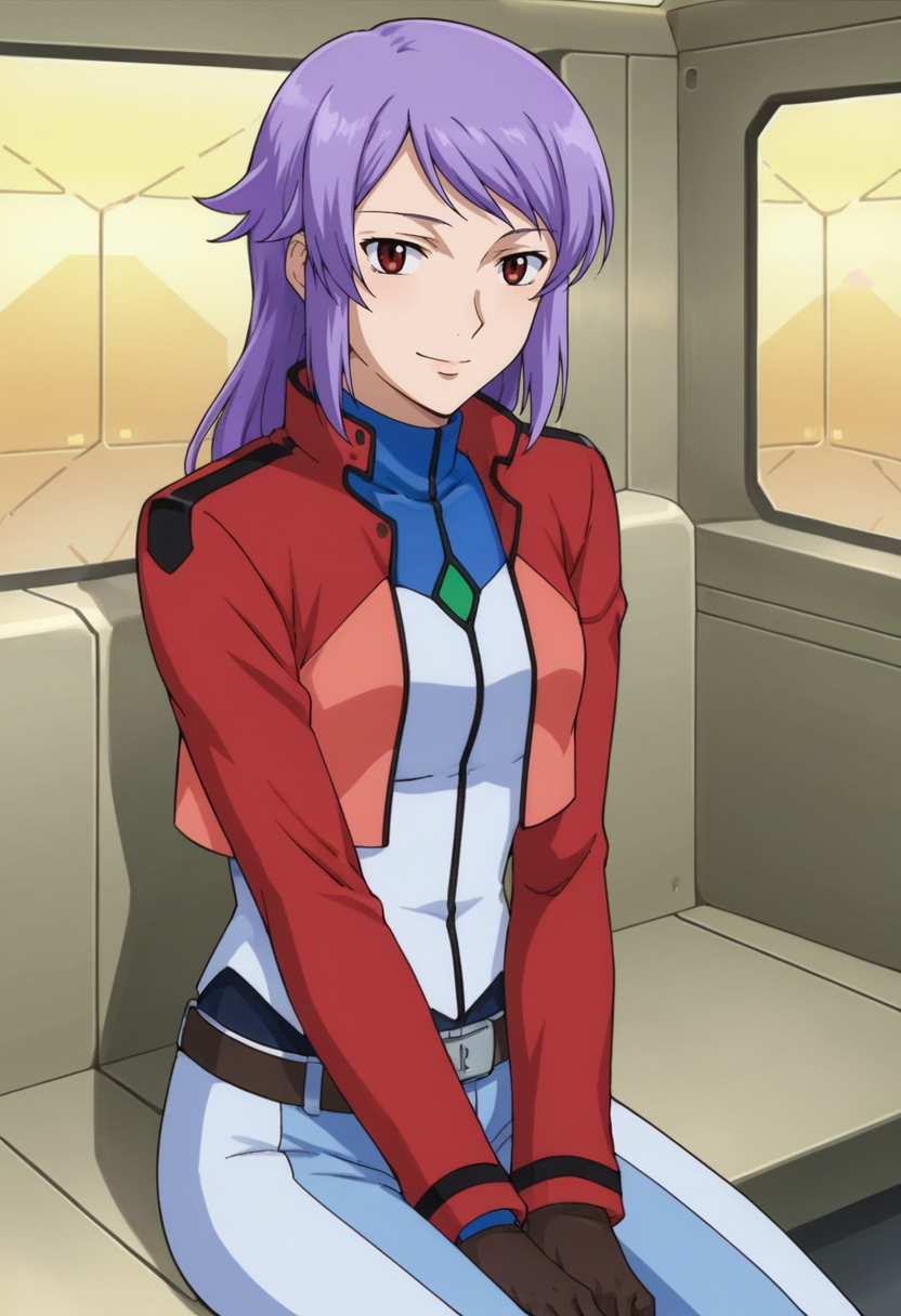 score_9,score_8_up,score_7_up,score_6_up,score_5_up,score_4_up,anime coloring BREAK source_anime,anime,<lora:Anew_Returner_Gundam_00_Pony:0.7>,anew,1girl,solo,red eyes,purple hair,long hair,cb uniform,cropped jacket,belt,blue pants,brown gloves,smile,sitting,arm_support,looking_at_viewer,indoors,spacecraft,