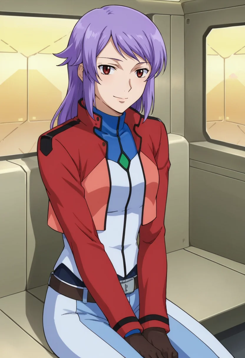 score_9,score_8_up,score_7_up,score_6_up,score_5_up,score_4_up,anime coloring BREAK source_anime,anime,<lora:Anew_Returner_Gundam_00_Pony:0.7>,anew,1girl,solo,red eyes,purple hair,long hair,cb uniform,cropped jacket,belt,blue pants,brown gloves,smile,sitting,arm_support,looking_at_viewer,indoors,spacecraft,