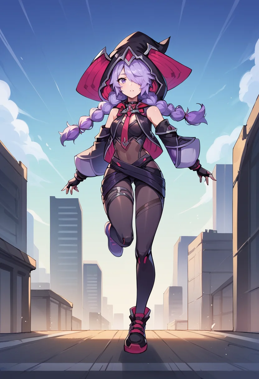 <lora:Era:1> 1girl, era, long hair, purple hair, twin braids, braid, hair over one eye, hood, gloves, black gloves, hat, purple eyes, fingerless gloves, witch hat, necktie, bare shoulders, outside, city, science fiction, building, full body, running, from front,, score_9, score_8_up, score_7_up, source_anime,
