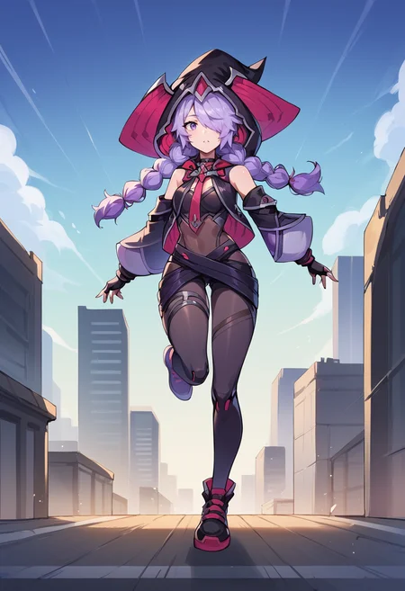 <lora:Era:1> 1girl, era, long hair, purple hair, twin braids, braid, hair over one eye, hood, gloves, black gloves, hat, purple eyes, fingerless gloves, witch hat, necktie, bare shoulders, outside, city, science fiction, building, full body, running, from front,, score_9, score_8_up, score_7_up, source_anime,