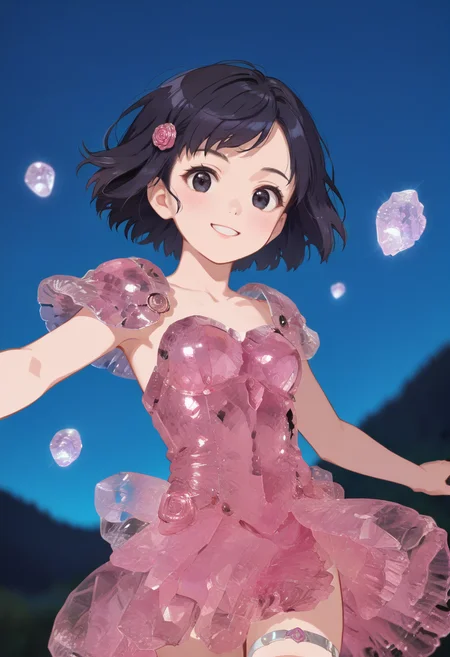 score_9, score_8_up, score_7_up, source_anime, perfect anatomy, ((outlined outlined vector graphics)), ,cute face, outdoors , night, upper body, wind, black theme,
,cute face, glimmering, glowing,glittering,
1girl, solo, 20yo, black hair, black eyes, short bob hair, hair pin,mdeium breast, slender,(white thigh strap:1.1),(black clohtes:1.1),, front view , looking at viewer , (glow eyes:0.9),fantasy,, standing
pink clothes, pink crystal dress, pink cyrstal clothes,action pose, rose quartz clothes, rose quartz dress, rose quartz armor, shoulder armor, smile,clothed <lora:rose-quartz-clothes-01:1.15>