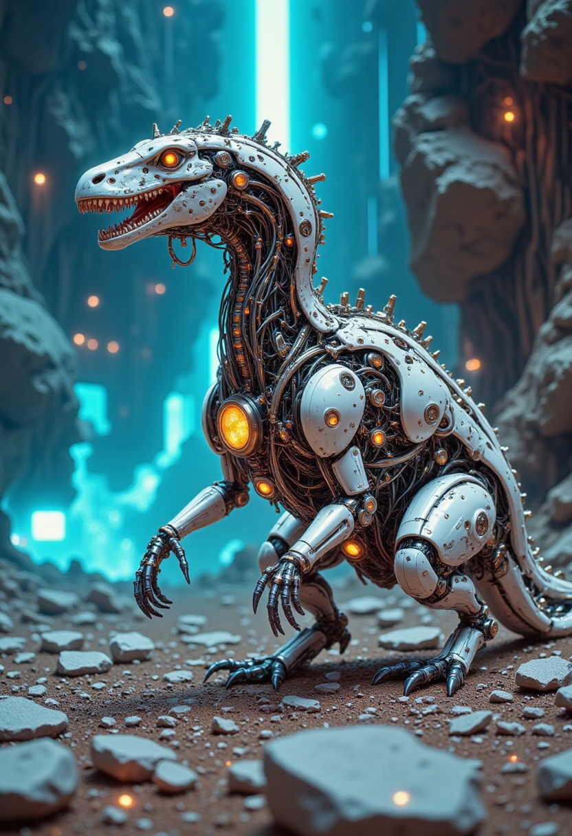 pinkmechalux, A technologically enhanced dinosaur, their body a symphony of sleek metallic limbs and glowing circuits woven seamlessly into translucent, shimmering skin. This character is the focal point of a futuristic digital painting, where the vibrant colors and intricate details pop with stunning clarity and depth. Expertly rendered shadows and highlights bring a sense of realism to the otherworldly being, immersing viewers in the intricate world of cybernetic magic. A cyborg in making and can be seen in 5D with ultra hyper realistic photography