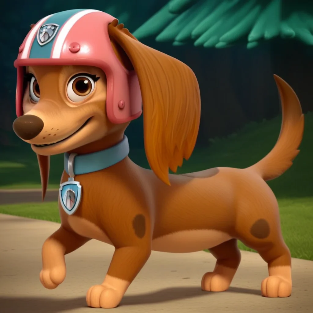 score_9, score_8_up, score_8, score_7, source_cartoon, Liberty(pp), solo, feral, dog, dog girl, long-haired Dachshund, brown fur, tan paws, tan belly, tan muzzle, brown nose, brown eyes, long ears, short tail, blue collar, shield shaped tag, blue and pink helmet, full body, looking at viewer, smiling, standing, forest background,
