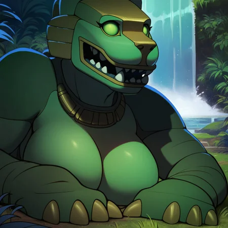score_9, score_8_up, score_7_up, 1girl, featureless breasts, big breasts, side view, lying on side, close-up, solo, ((anthro)), Expressiveh, (jaguar, stone creature, teeth, fangs, green body, stone body, stone skin, green eyes, closed mouth, fangs, claws), grass, (forest, waterfall), detailed background, 4k, masterpiece, best quality, highly detailed, realistic