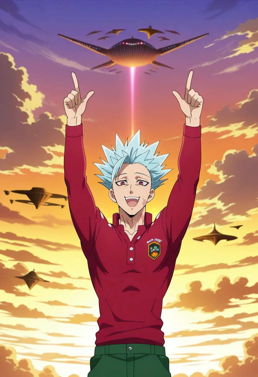 masterpiece, best quality, , anime screencap, , official style, looking at viewer, 1boy, solo, male focus, <lora:ban_nanatsu_no_taizai_ilxl:0.94>, ban_nanatsu_no_taizai, blue hair, red eyes, spiked hair, scar, , sky whale pod, floating islands, cloud formations, observation point, pointing up, excited expression, golden hour, Cargo boardshorts, Rugby quarter-zip shirt, , Jester hat,