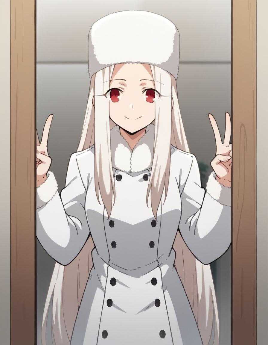 score_9, score_8_up, score_7_up, source_anime, <lora:irisviel-von-einzbern-zero-anime-ponyxl-lora-nochekaiser:1>, irisviel von einzbern, long hair, red eyes, white hair, parted bangs, hair intakes,, hat, coat, fur trim, white headwear, white coat, winter clothes, fur hat, winter coat,, fitting room, mirror, clothes, privacy, store, smile, v, v over eyes,, looking at viewer, solo,, dutch angle, cowboy shot