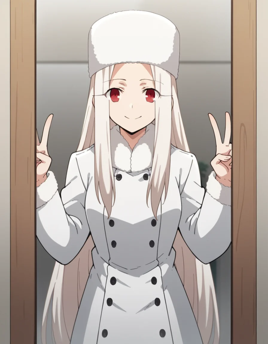 score_9, score_8_up, score_7_up, source_anime, <lora:irisviel-von-einzbern-zero-anime-ponyxl-lora-nochekaiser:1>, irisviel von einzbern, long hair, red eyes, white hair, parted bangs, hair intakes,, hat, coat, fur trim, white headwear, white coat, winter clothes, fur hat, winter coat,, fitting room, mirror, clothes, privacy, store, smile, v, v over eyes,, looking at viewer, solo,, dutch angle, cowboy shot