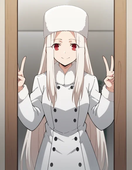 score_9, score_8_up, score_7_up, source_anime, <lora:irisviel-von-einzbern-zero-anime-ponyxl-lora-nochekaiser:1>, irisviel von einzbern, long hair, red eyes, white hair, parted bangs, hair intakes,, hat, coat, fur trim, white headwear, white coat, winter clothes, fur hat, winter coat,, fitting room, mirror, clothes, privacy, store, smile, v, v over eyes,, looking at viewer, solo,, dutch angle, cowboy shot
