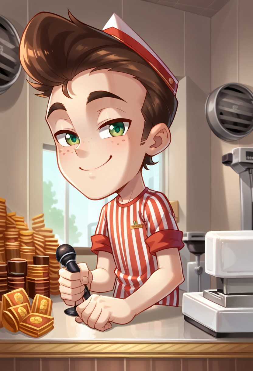 score_8, score_8_up, score_7_up, 1boy, male focus, solo, eotm_JN, green eyes, garrison cap, brown hair, pompadour, unibrow, sideburns, freckles, vertical-striped shirt, red shirt, white shirt, sleeves rolled up, counter, behind counter, microphone, cash register, indoors, coffee maker, looking at viewer, smile