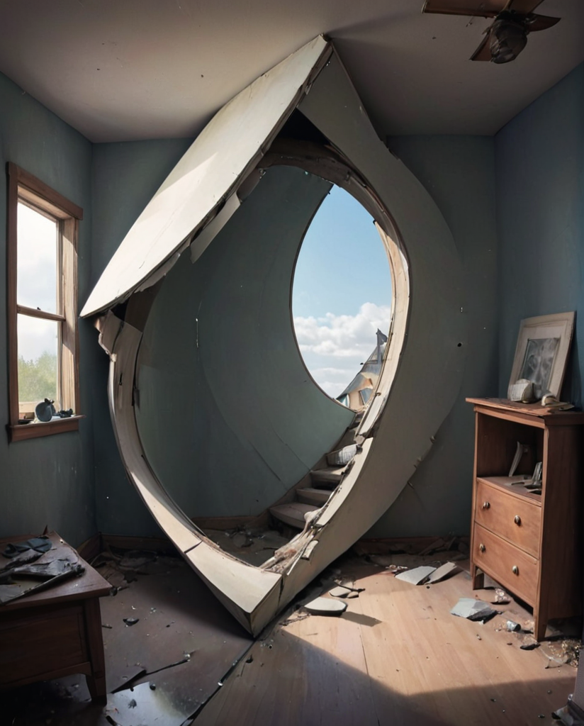 drawing, illustration,  otclillsn a strange and impossible to solve möbius snake is confused by a broken mirror 454.78 degree upside down inside a skewed house, baffling (optical illusion:1.2), disorienting angle, surreal,  <lora:- SDXL - otclillsn_impossible_geo_V1.0:0.9>