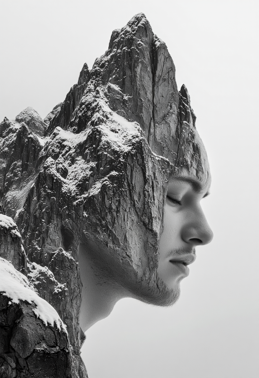A surreal black-and-white digital artwork blending a human face with a rugged mountain peak, where the upper portion of the head seamlessly transforms into jagged, snow-covered rock formations, creating a dreamlike fusion of nature and identity, with soft lighting and a misty atmosphere enhancing the ethereal mood, highly detailed, 4K resolution.,aidmaimageupgrader, aidmaMJ6.1 <lora:aidmaImageUprader-FLUX-v0.3:0.4> <lora:aidmaMJ6.1-FLUX-v0.5:0.7>