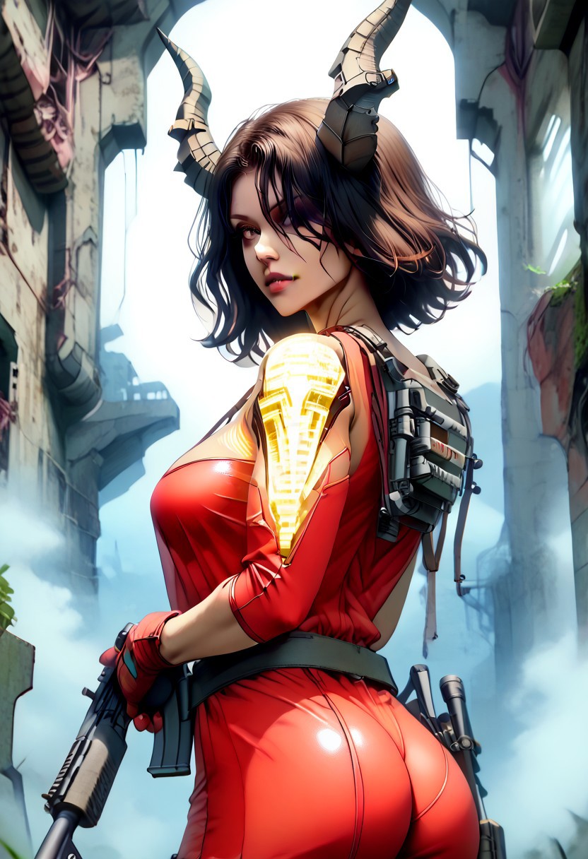 score_9, score_8_up, score_7_up, score_6_up, , demon, horns, futuristic, scifi, plugin, red latex, metal shoulder pads with a yellow stripe on the sides, (metal shin and foot protection), (black joggers: 1.2), large breasts, solo, medium hair, (yellow:blue:0. 4) hair color, hair over one eye, gloves, ass, beautiful ass, beatiful face, 
body 3/4, Foreshortening 3/4, body view 3/4, BREAK,  a Shotgun,ho1ding-weap0n, 1girl, holding rifle
 in hands, shotgun at waist level, weapon shoots, flash, shoots sparks, weapon shoots, 
BREAK,  Metal hangar, ruins, hangar in ruins, BREAK, g0thicPXL, grin, technology, glowing, neon, holographic display, synozic style, gray skin, masterpiece, best quality, high  detail, professional lighting, half side view, Foreshortening 3/4,