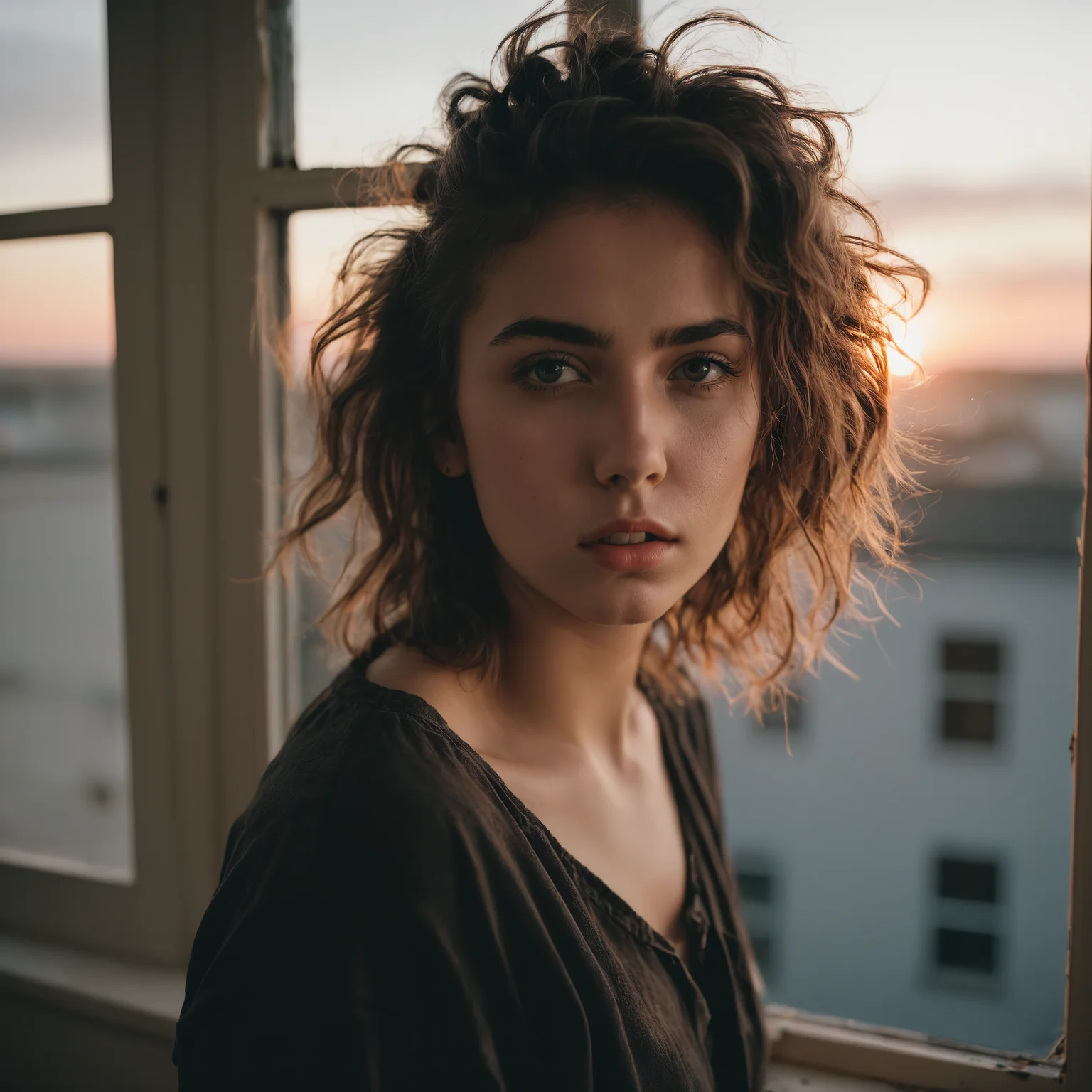 photoshoot, photo studio, RAW photo, editorial photograph, film stock photograph, cinematic, posing, photo portrait, 21yo girl, messy hair, sunset, window, feminine expressions, dark atmosphere, ((focused on eyes)), feminine expressions, photography, 35mm, Nikon D850 film stock photograph, Kodak Portra 400 camera f1.6 lens, 8k, UHD