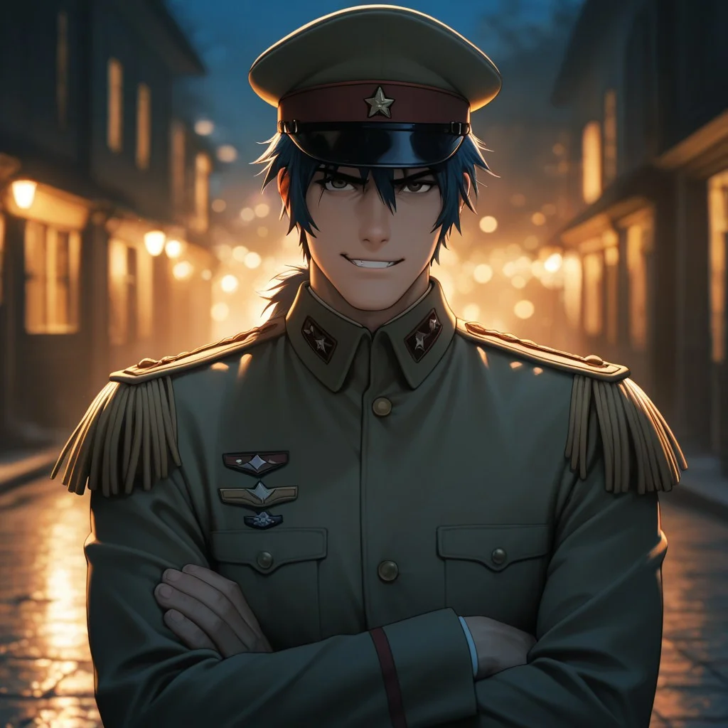 masterpiece, best quality, amazing quality, absurdres, newest, detailed background, definition so sharp, Ultra-HD, 8K cinematic, very awa, impressionate, amazing quality, highres,
solo, male focus, manly, mature male, bara, bokeh, night, warm light, blurry background, outdoor,
1boy, short hair, tied hair, low tied hair, lieutenant_pretime, lieutenant_blue hair, lieutenant_brown eyes, daikakukokujouji, military uniform, hat, coat, spaulettes, serious face, smirk, grin, crossed arms, looking at viewer