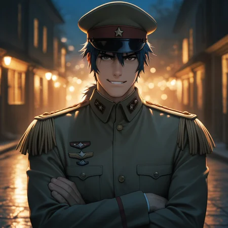 masterpiece, best quality, amazing quality, absurdres, newest, detailed background, definition so sharp, Ultra-HD, 8K cinematic, very awa, impressionate, amazing quality, highres,
solo, male focus, manly, mature male, bara, bokeh, night, warm light, blurry background, outdoor,
1boy, short hair, tied hair, low tied hair, lieutenant_pretime, lieutenant_blue hair, lieutenant_brown eyes, daikakukokujouji, military uniform, hat, coat, spaulettes, serious face, smirk, grin, crossed arms, looking at viewer
