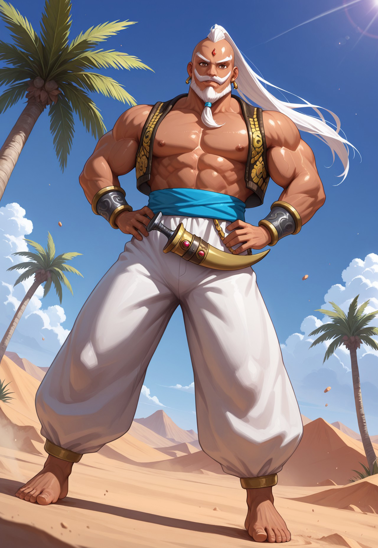 masterpiece, best quality, amazing quality, AzamSF, white hair, mohawk with long ponytail, forehead jewel, brown eyes, beard, mustache, dark skin, muscular, earrings, vest, wristbands, blue sash, white baggy pants, sheathed dagger, looking at viewer, smile, dynamic pose, detailed background, dutch angle, full body, hands on hips, desert, blue sky, clouds, (oasis), palm tree, front view, nipples, barefoot, gust of wind, spread legs, dust particles,