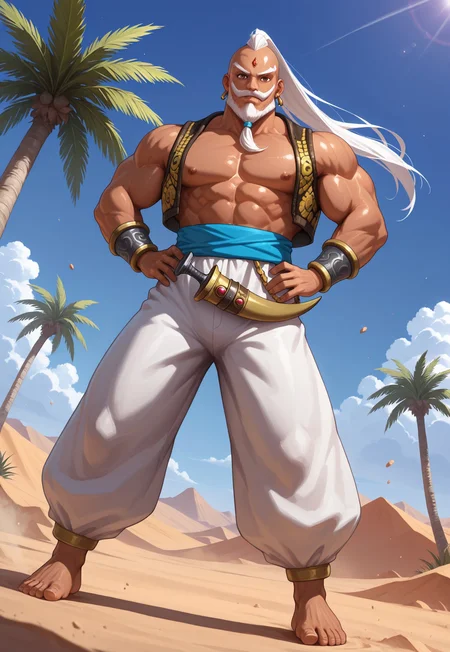 masterpiece, best quality, amazing quality, AzamSF, white hair, mohawk with long ponytail, forehead jewel, brown eyes, beard, mustache, dark skin, muscular, earrings, vest, wristbands, blue sash, white baggy pants, sheathed dagger, looking at viewer, smile, dynamic pose, detailed background, dutch angle, full body, hands on hips, desert, blue sky, clouds, (oasis), palm tree, front view, nipples, barefoot, gust of wind, spread legs, dust particles,