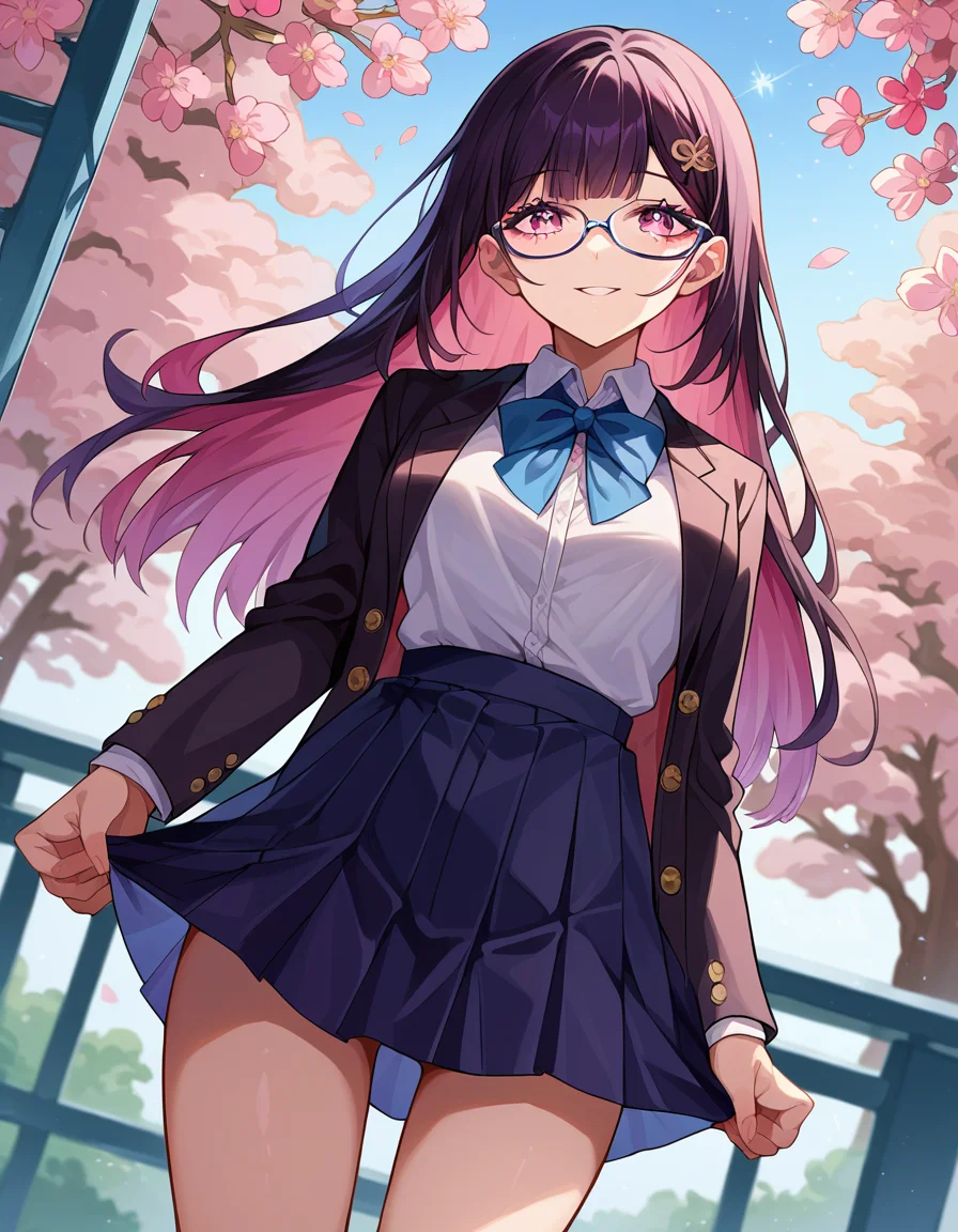 score_9, score_8_up, score_7_up, source_anime,
honkaisparkle, <lora:honkai-sparkle-ponyxl-lora-nochekaiser:1>,
sparkle school uniform, black hair, colored inner hair, glasses, hair intakes, hair ornament, hairclip, long hair, multicolored hair, pink eyes, purple hair, straight hair, smile,
black jacket, black skirt, blazer, blue ribbon, collared shirt, high-waist skirt, jacket, long sleeves, neck ribbon, open clothes, open jacket, pleated skirt, ribbon, school uniform, shirt, skirt, white shirt,
outdoors, cherry blossoms,
looking at viewer, cowboy shot, dutch angle,