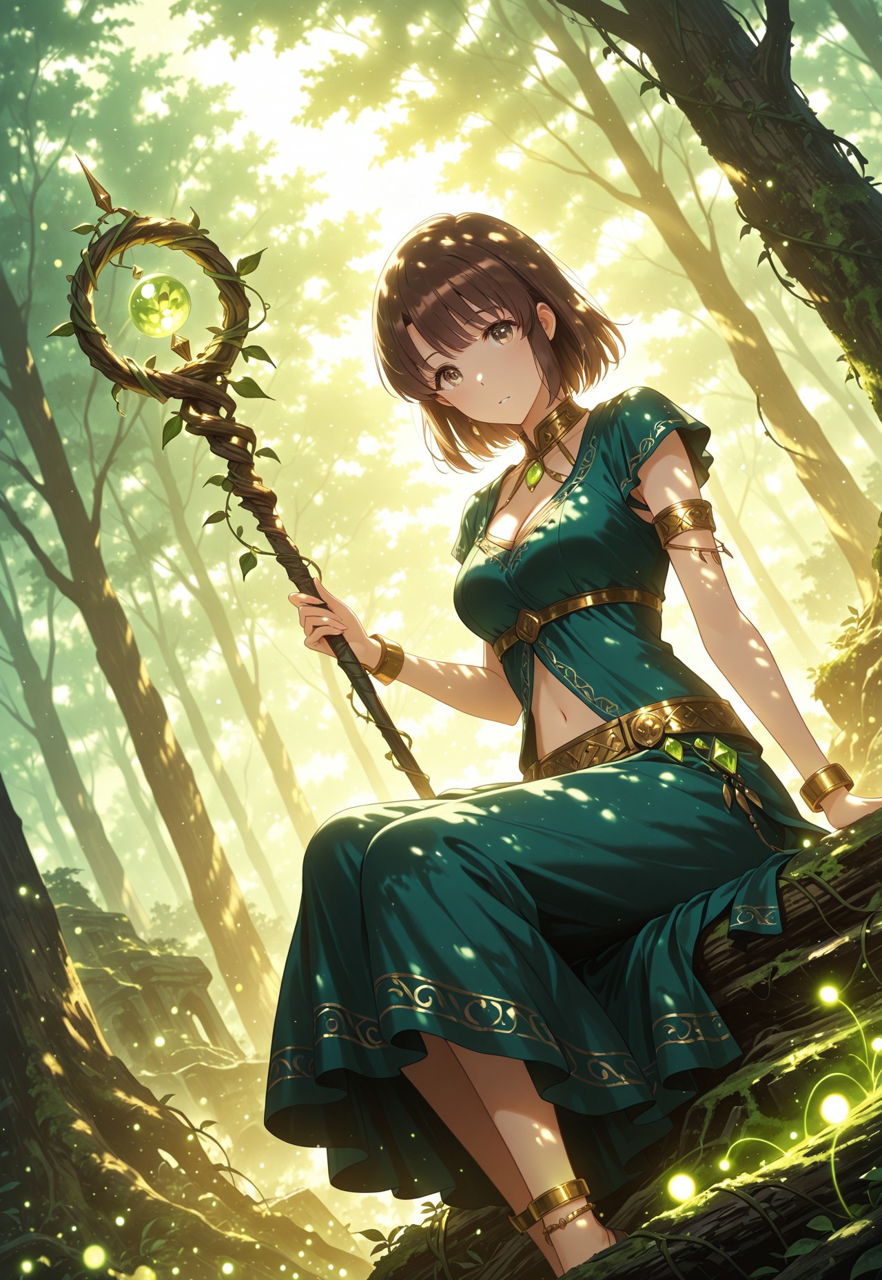 safe_pos, dutch angle, dynamic angle, cinematic framing, (digital painting:0.8), auralora, (aura:0.2), mythp0rt, bokeh, (luminescent background:0.8), 

elegant, masterpiece, best quality, highly detailed, high contrast, dramatic shadows, raytracing, subsurface scattering,

 ancient enchanted forest, sitting on a massive tree root covered in glowing moss, asymmetrical tribal-style outfit, navel, cleavage, golden armlets and anklets, holding a staff entwined with flowers and glowing gemstones, bioluminescent fireflies ancient stone ruins, vines, soft green and gold light filtering through the trees, mystical and nature infused atmosphere, looking at viewer,

 (solo), 1girl,Megumi <lora:IL-KatoMegumi:0.8>,brown hair,katou megumi,brown eyes,medium breasts,short hair, ((detailed eyes))