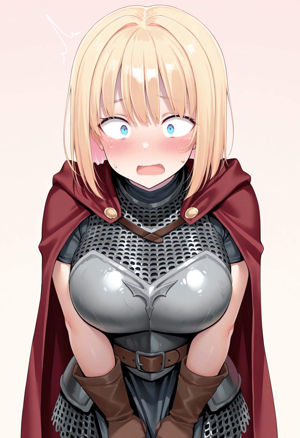 1girl, blonde hair, cape, solo, blush, red cape, chainmail, breasts, armor, open mouth, short hair, simple background, gloves, belt, dress, brown gloves, large breasts, embarrassed, bangs, constricted pupils,
masterpiece,best quality,amazing quality,
<lora:kitajima_yuukiIL-_style:1>, pastel colors,