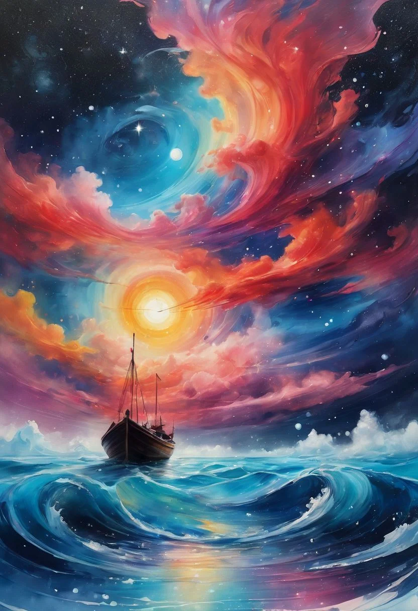 amazing watercolor painting award winning, ((a boat floating on top of a body of water under a sky filled with stars, trending on cgsociety, fantasy art, colorful sunset, stars are hidden in the eyes, fantasy. gondola boat, gazing off into the horizon, stars and paisley filled sky, sunny rainbow galaxy stormy sea, wanderer, starry sky 8 k)), photo is taken with a Canon EOS R5 and a Canon RF 100-500mm f/4.5-7.1L IS USM lens, ultra high quality, ultra high detailed ,Stained Glass, snowflake textured Glas, colored glass pieces, product scene, translucent, transparent, , black haze, blue haze, red haze, paths, patched planet, stars, saturn planet, snow, earth planet ,Surreal Harmony, yamer style, SLPASHTER_3-7000, Gorgeous splash of vibrant paint, paintmgc, colorful paint, Colorsplash