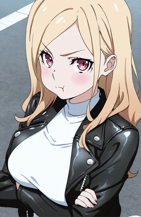 ChaikaStyle, 1girl, solo, blonde hair, pink eyes, leather jacket, big breast, street, jeans, white shirt, front view, looking at viewer, crossed arms, :t