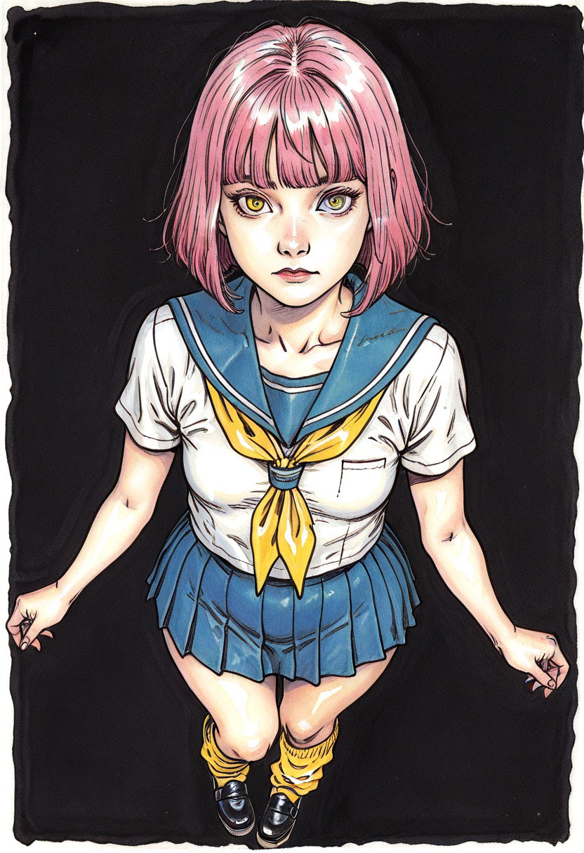 1girl, solo, blue sailor fuku, short sleeves, white shirt, blue pleated skirt, yellow neckerchief, yellow leg warmers, black chunky platform shoes, small breasts, wide hips, thigh gap, tall, pink hair, short hair, hime cut, shaved nape, Heterochromia, blue and yellow eyes, black background, looking at viewer, closed mouth, portrait, black background, single vertical stripe, from above, high contrast, rakugakingu, traditional media, watercolor (medium), painting (medium), boobandpoopa,