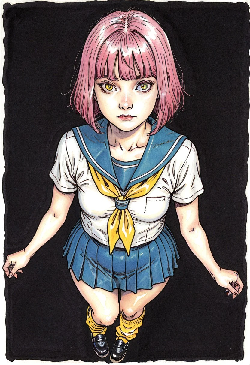 1girl, solo, blue sailor fuku, short sleeves, white shirt, blue pleated skirt, yellow neckerchief, yellow leg warmers, black chunky platform shoes, small breasts, wide hips, thigh gap, tall, pink hair, short hair, hime cut, shaved nape, Heterochromia, blue and yellow eyes, black background, looking at viewer, closed mouth, portrait, black background, single vertical stripe, from above, high contrast, rakugakingu, traditional media, watercolor (medium), painting (medium), boobandpoopa,