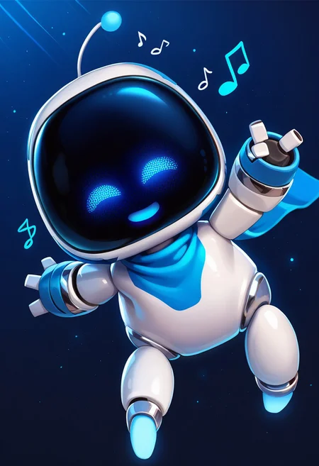 (score_9, score_8_up:1.1), score_7_up, solo, humanoid robot, antennae, blue eyes, glowing, blue scarf, closed eyes, ^_^, musical notes, happy, cute, adorable