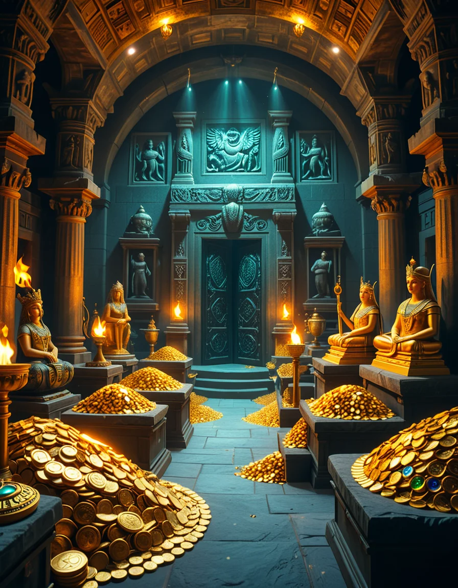 A hidden treasure chamber deep within an ancient temple, illuminated by the warm golden glow of torches and mystical blue light from enchanted crystals. The room is filled with piles of gold coins, jewel-encrusted goblets, and ancient artifacts covered in dust. Massive stone statues of forgotten deities guard the chamber, their eyes glowing faintly as if watching intruders. In the center, a grand pedestal holds a legendary artifact—an ornate golden crown encrusted with emeralds and sapphires, shimmering with an otherworldly aura. The walls are adorned with intricate carvings depicting lost civilizations, and creeping vines hint at centuries of abandonment. The atmosphere is mystical and slightly eerie, with a sense of both wonder and danger. The air is thick with the scent of aged parchment and burning incense, adding to the chamber’s ancient and mysterious feel. Cinematic lighting with dramatic shadows enhances the depth and richness of the scene, creating a visually stunning and immersive environment.
<lora:SDXLFaeTastic2400:0.4> <lora:extremely_detailed:0.4> extremely detailed, <lora:treasure_ch4mb3r:1>,treasure ch4mb3r, Masterpiece,best quality,hi res,8k,hi res,8k,award winning,(sharp focus, intricate, highly detailed),