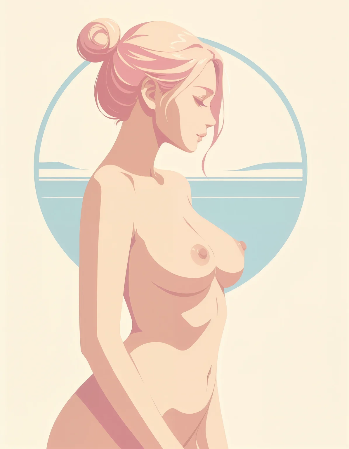 minimalistic, flat color, no lineart, 1girl, side view, silhouette, hair bun, perfect body, nude, naked, hard nipple, simple colorful background