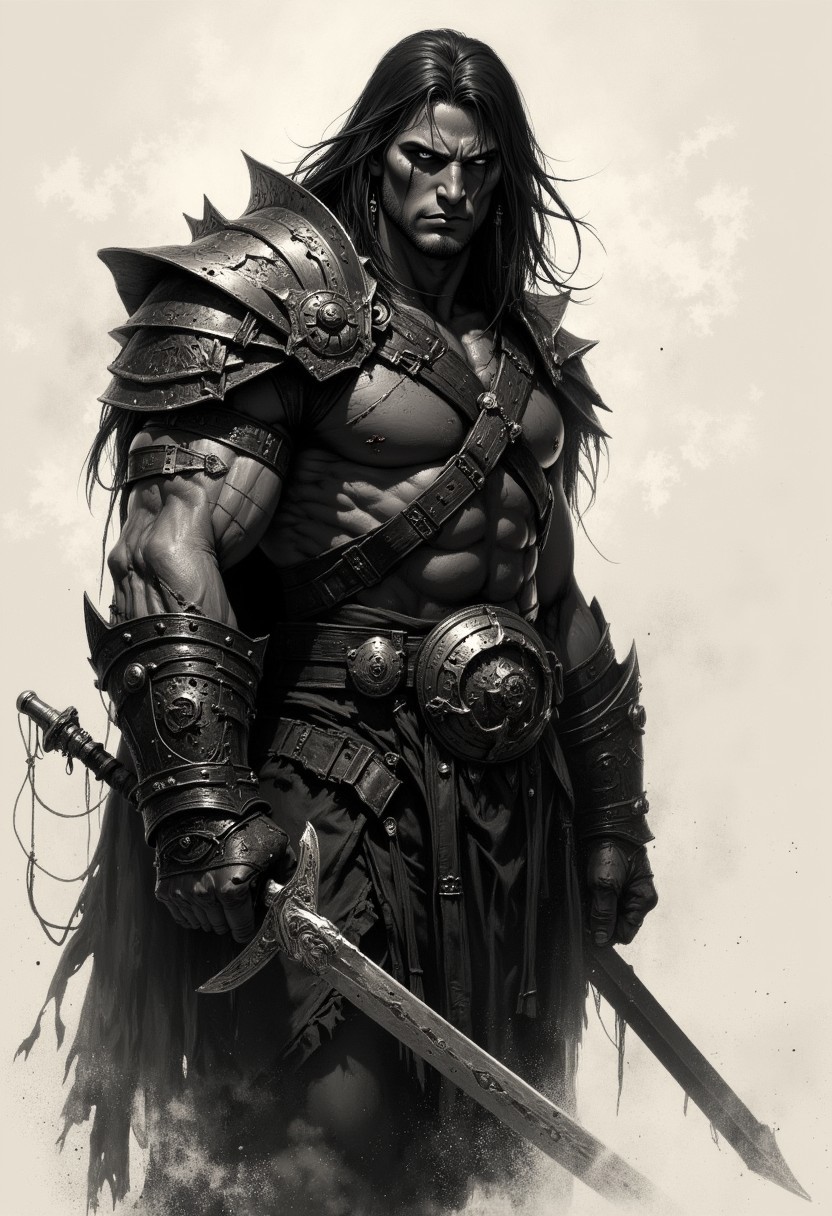 hyper realistic and highly detailed, highly dynamic charcoal hand drawing, an atmospheric and powerful dark fantasy, natural  and impressionist classical-style drawing of Conan the barbarian with a sword, CGSociety contest winner, dark gothic fantasy art, gothic barbarian, wearing leather armor, very accurate photo, fantasy art Behance, from Robert E. Howard, fantasy movie still, black metal style, white background, ivory and black tint.