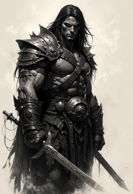 hyper realistic and highly detailed, highly dynamic charcoal hand drawing, an atmospheric and powerful dark fantasy, natural  and impressionist classical-style drawing of Conan the barbarian with a sword, CGSociety contest winner, dark gothic fantasy art, gothic barbarian, wearing leather armor, very accurate photo, fantasy art Behance, from Robert E. Howard, fantasy movie still, black metal style, white background, ivory and black tint.