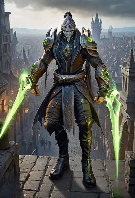 1man, psyblade glowing weapon, human rogue, medieval city background, leather boots, HD, masterpiece, best quality, hyper detailed, ultra detailed, super realistic