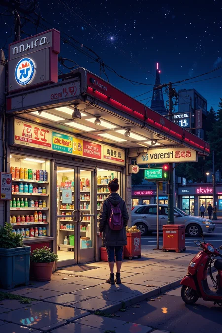 convenience store, bright luminous starry night, woman, very intricate, very detailed, sharp, bright, colorful, <lora:Hand v2:0.5> <lora:Anti-Blur:1><lora:Insane Detail Slider:0.25>  <lora:flux.1_lora_flyway_Epic-detail_v2:0.3> <lora:fluxenhancer:0.25> <lora:ck-Neon-Retrowave:0.4> ck-rw, in the style of ck-rw,  <lora:Neurocore Anime Cyberpunk:0.8> A digital artwork in the style of cknc