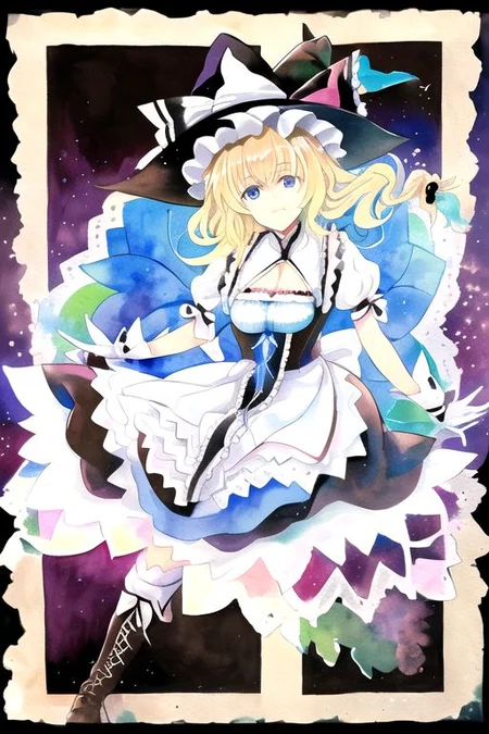 solo, 1girl, solo_focus, ((too many)):16,
watercolor (medium), traditional media,
kirisame_marisa_(curiosities_of_lotus_asia), kourindou marisa,
too_many_lace, lace, broom, witch_hat, 1girl, boots, hat, long_hair, breasts, blonde_hair, solo, cross-laced_footwear, lace-up_boots, cleavage, hat_bow, blue_eyes, braid, brown_footwear, knee_boots, short_sleeves, huge_breasts, sagging_breasts, bow, witch, white_bow, frills, dress, gloves, puffy_sleeves, thighhighs, very_long_hair,