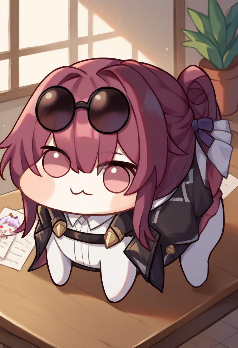 score_9, score_8_up, score_7_up, source_anime, <lora:wrenchsmommykafka:1>, mommykafka, eyewear on head, long sleeves, jacket, 
<lora:Doro_X_PDXL_V1:1>, doro, creature, :3, chibi, no humans, white skin, solid circle eyes, no pupils, solo, all fours, on table,