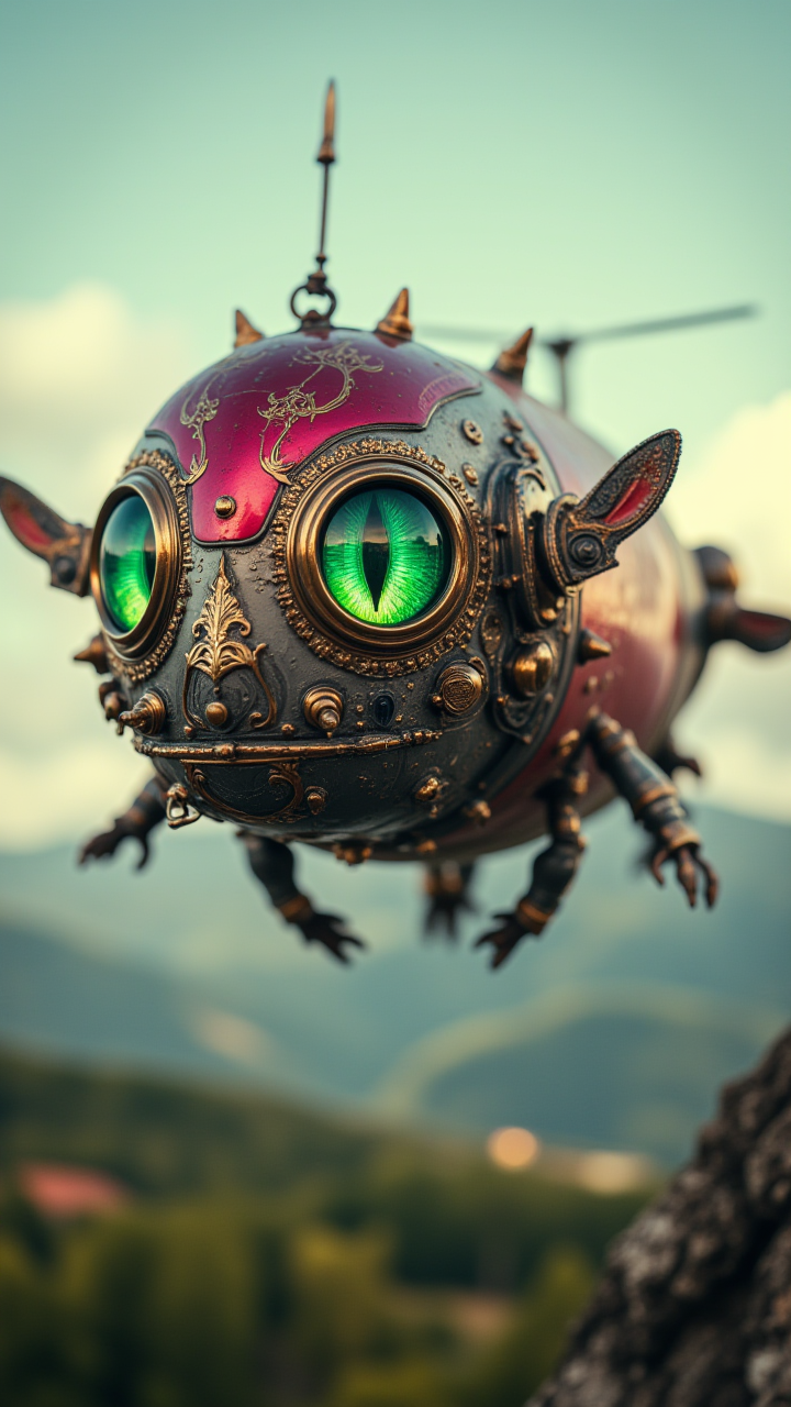 A atmosphere and 1700'S time machine floats in the sky, its Vintage Green eyes scanning the landscape below. The machine is made of shimmering Crimson metal with Avant-Garde patterns that seem to dance in the light. Fighting Multicolor color grading, aidmaHyperrealism, midjourneyV6.1