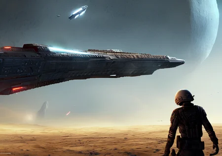A lone soldier stares up at a DaveSpaceOne as it flys over firing lasers, hyper detailed, 8k, trending on artstation